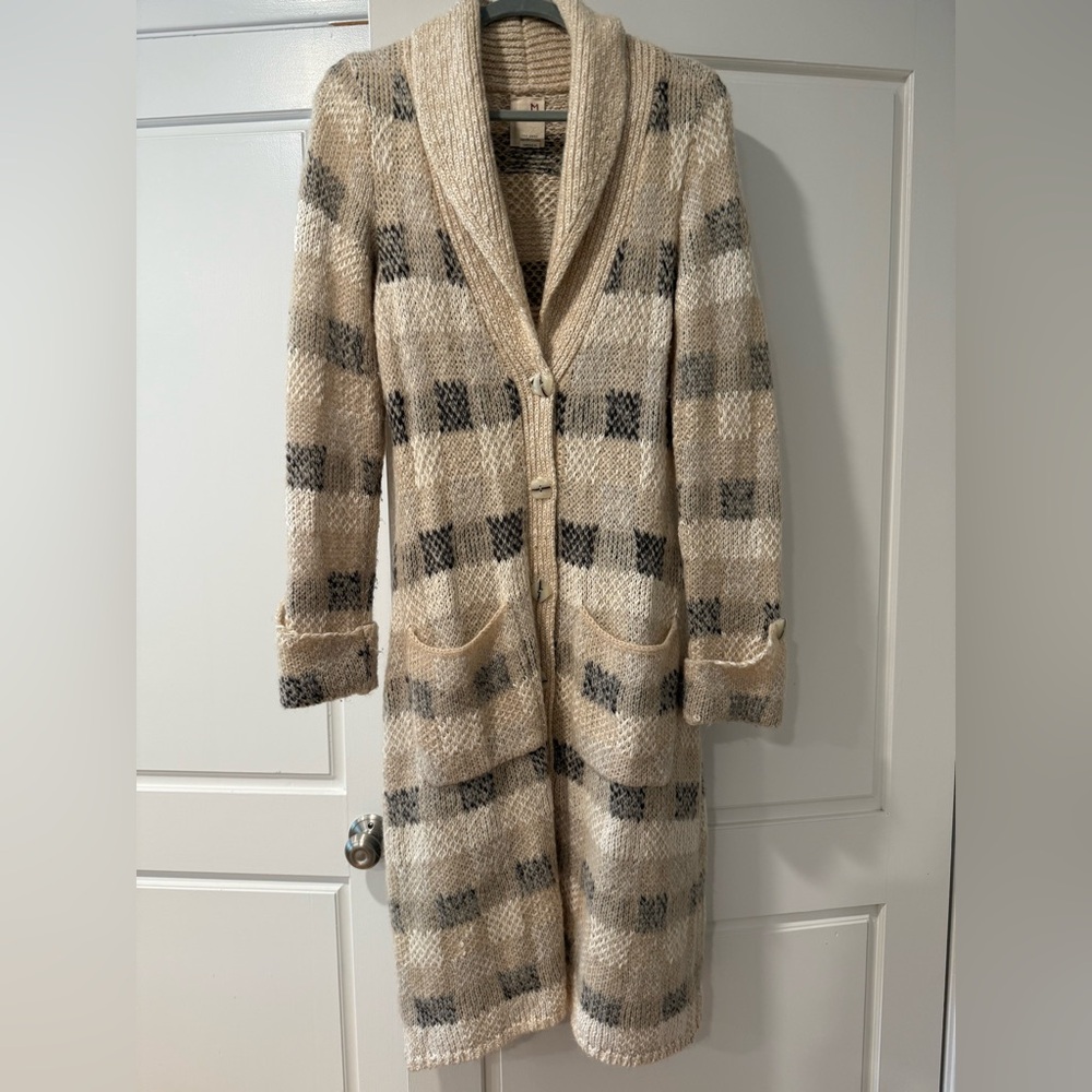 Anthropologie Cream and Gray Long Knit Cardigan
